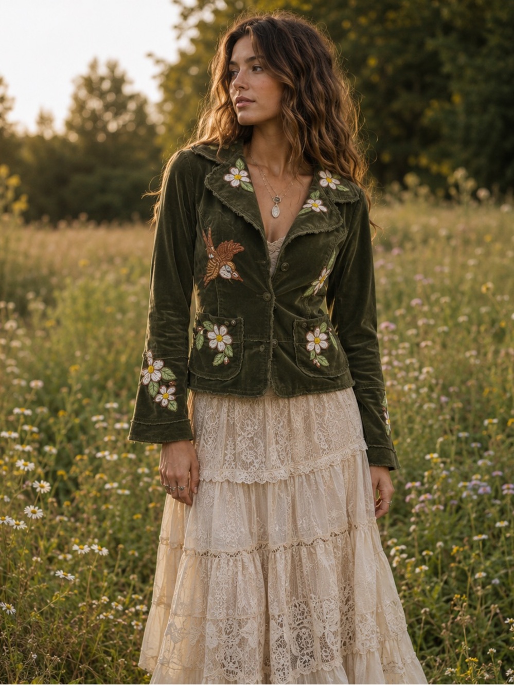 Joystick Hand-Embroidered Velvet Jacket — Size Small, Olive Green Boho Blazer